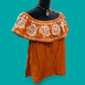 Joy Joy Orange Off Shoulder Embroidered Peasant Boho Top XL Cottagecore Hippie